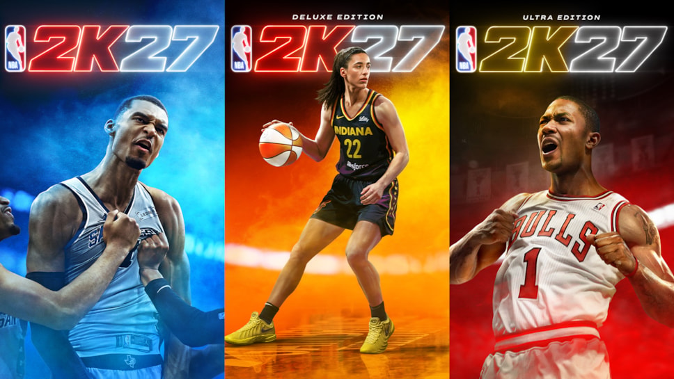NBA 2K27 Standard, Deluxe, and Ultra Edition cover art featuring Victor Wembanyama, Caitlin Clark, and Derrick Rose